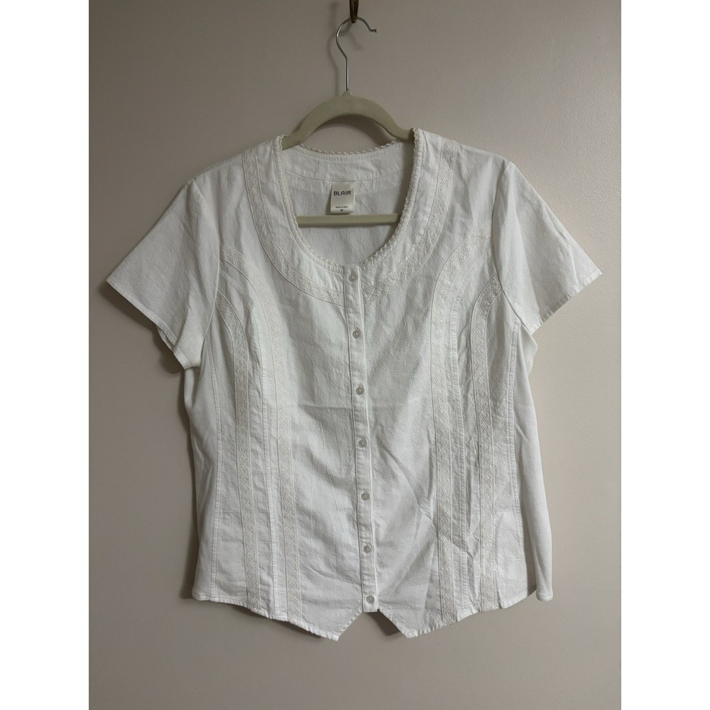 Vintage Blair Medium Ivory Floral Cotton Lace Trim Top Blouse Women